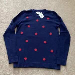 NWT J. Crew Navy Teddie Sweater with Red Apple Design